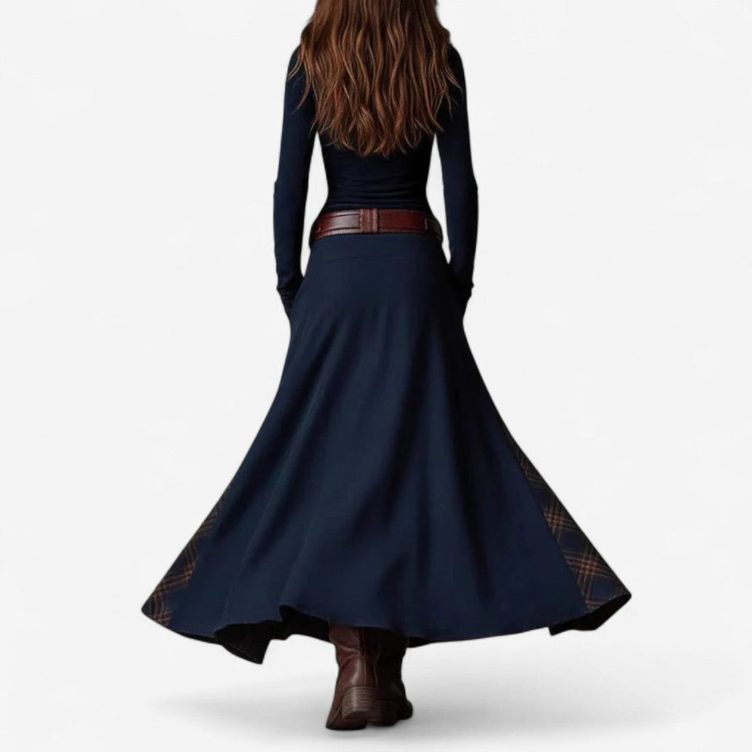 Women's Patchwork Plaid Maxi Long Sleeve Dress Button-Front Flared