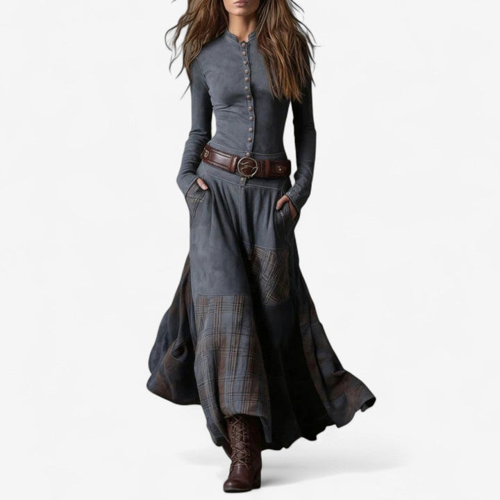 Women's Patchwork Plaid Maxi Long Sleeve Dress Button-Front Flared - Gray