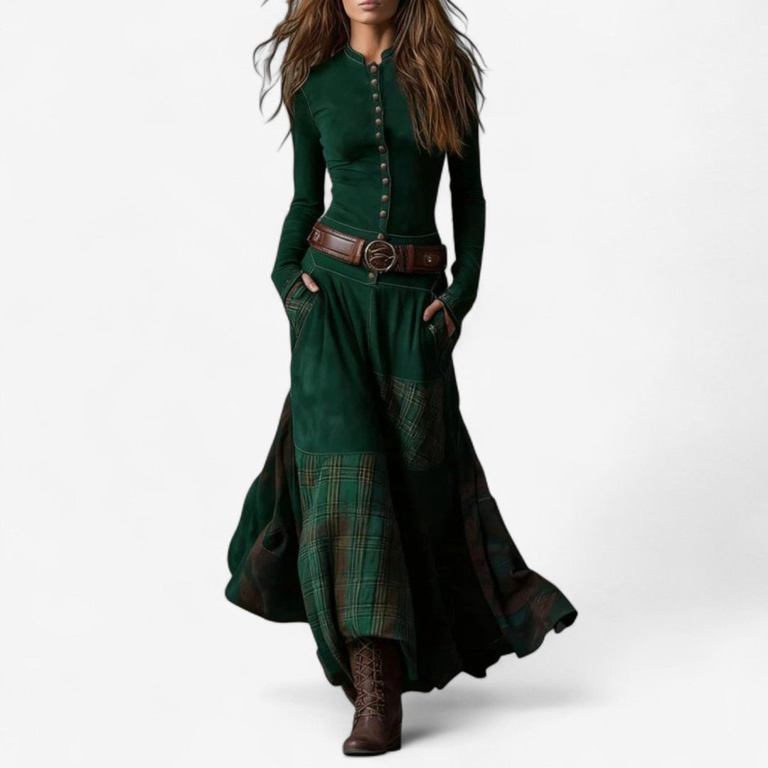 Women's Patchwork Plaid Maxi Long Sleeve Dress Button-Front Flared - Green