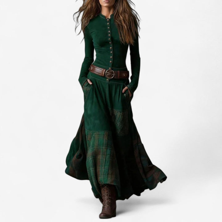 Women's Patchwork Plaid Maxi Long Sleeve Dress Button-Front Flared - Green