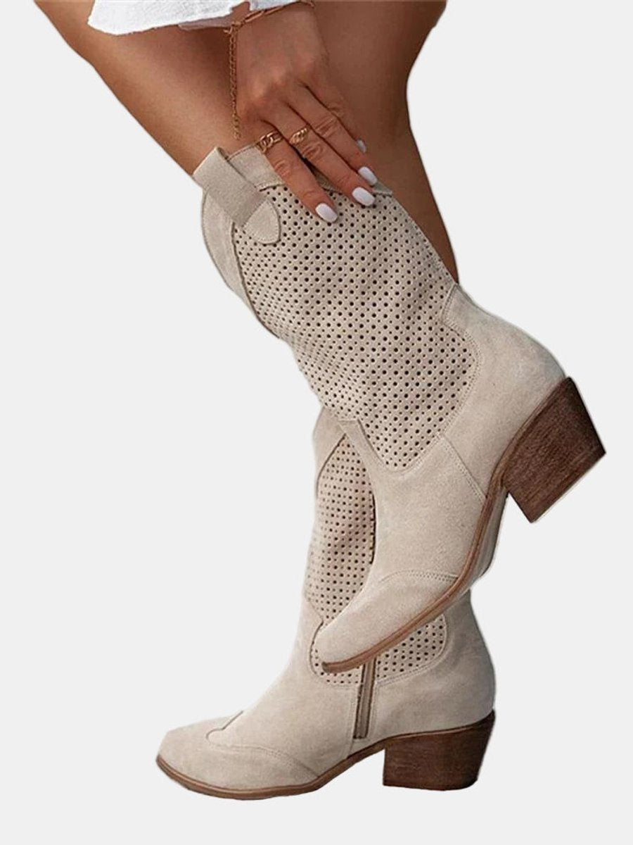 Women's Perforated Suede Block-Heel Knee High Boots - Beige