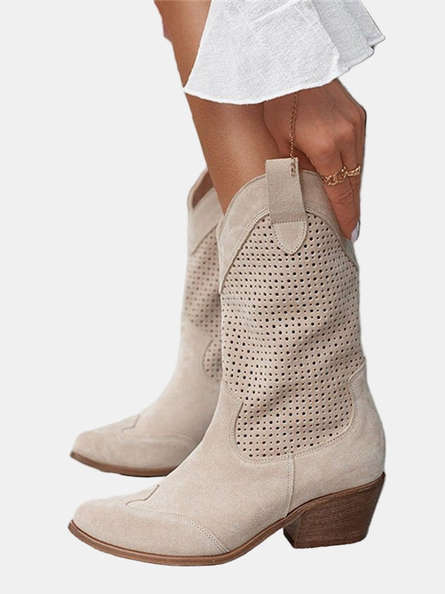 Women's Perforated Suede Block-Heel Knee High Boots