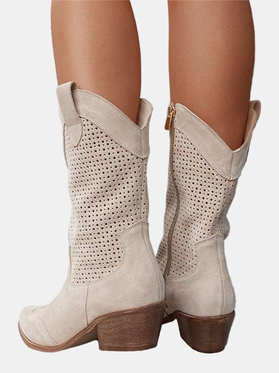 Women's Perforated Suede Block-Heel Knee High Boots