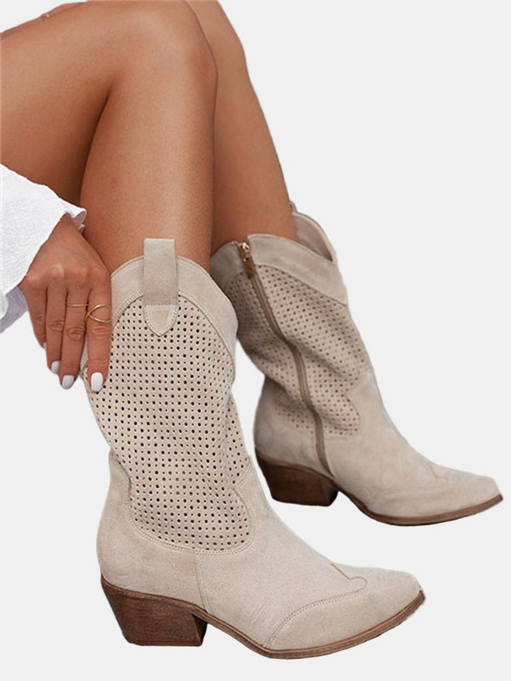 Women's Perforated Suede Block-Heel Knee High Boots