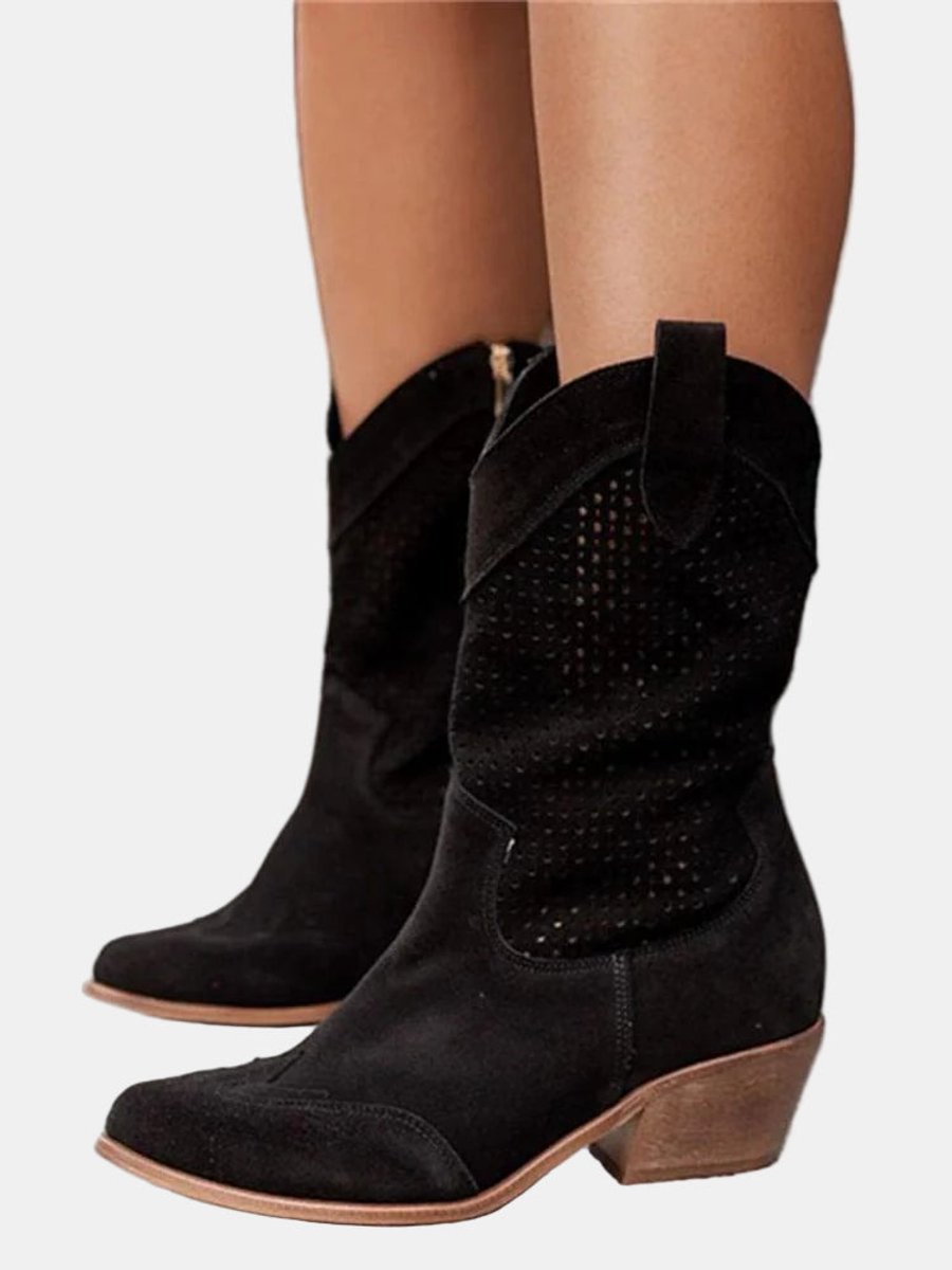 Women's Perforated Suede Block-Heel Knee High Boots - Black