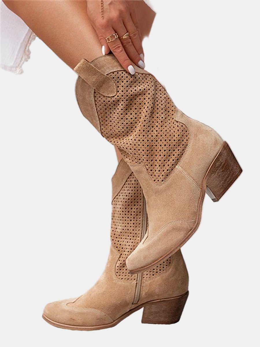 Women's Perforated Suede Block-Heel Knee High Boots