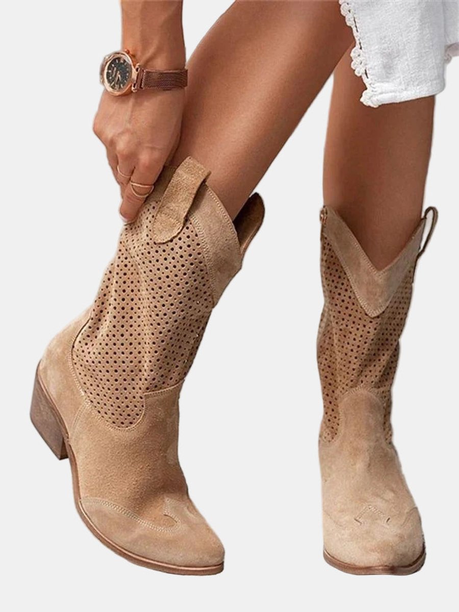 Women's Perforated Suede Block-Heel Knee High Boots - Brown
