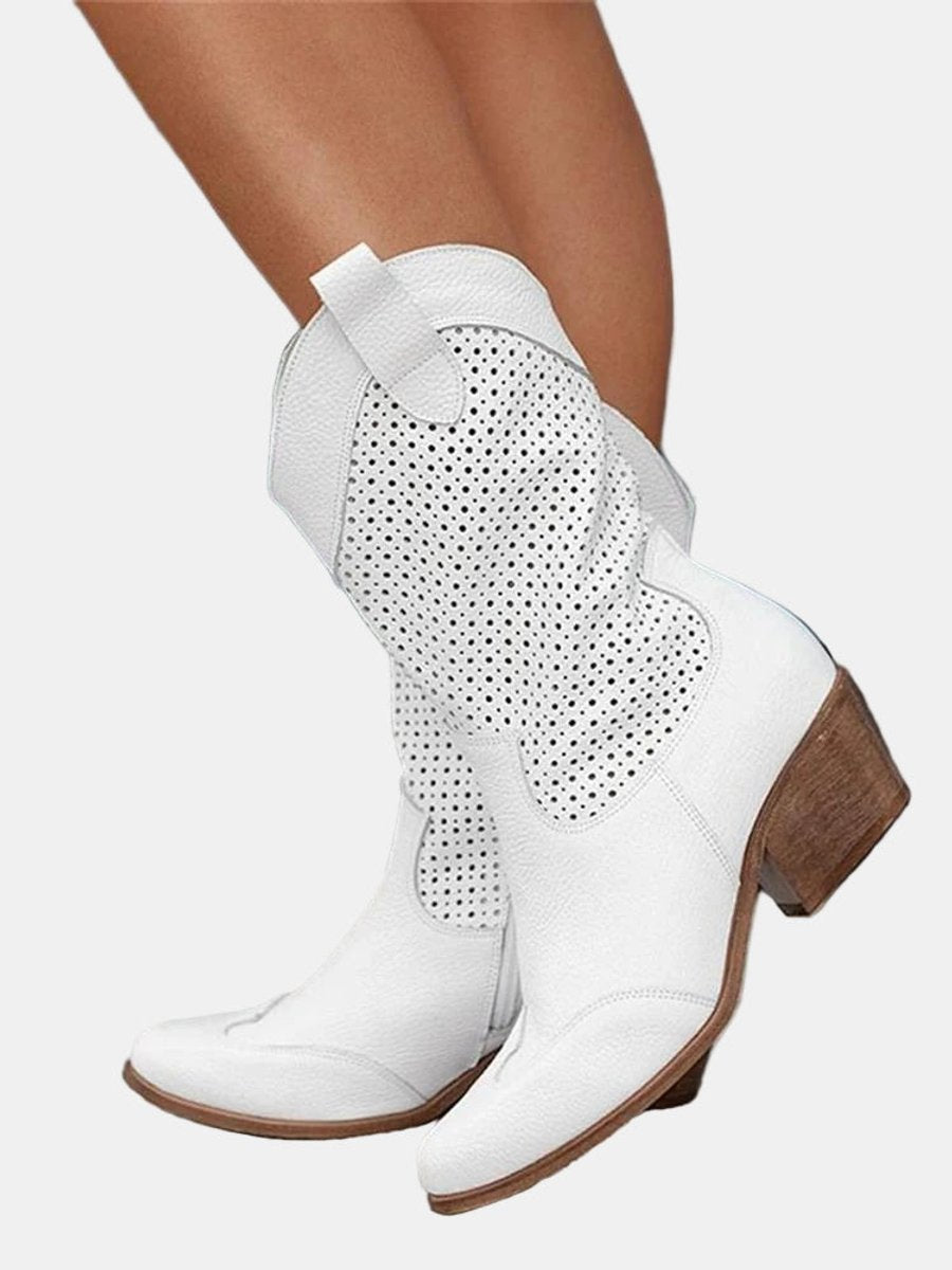 Women's Perforated Suede Block-Heel Knee High Boots - White