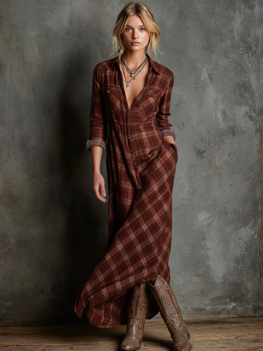 Women's Plaid Flannel Maxi Shirtdress Formal Dresses Long Sleeve - Red