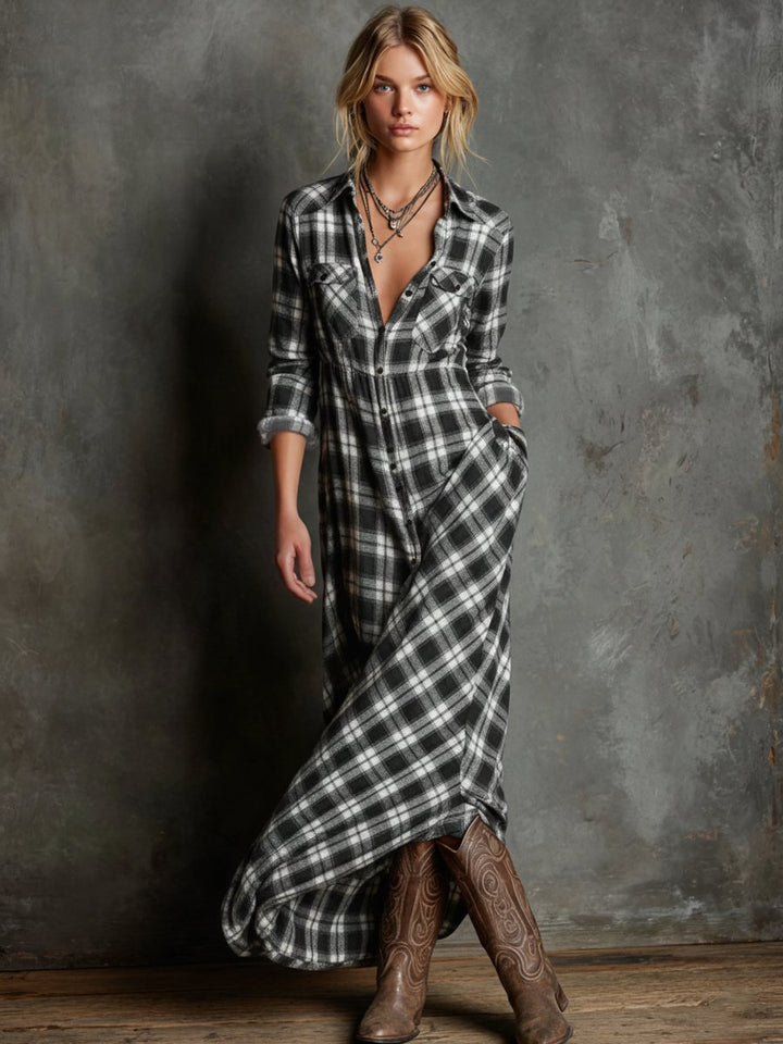 Women's Plaid Flannel Maxi Shirtdress Formal Dresses Long Sleeve - Black