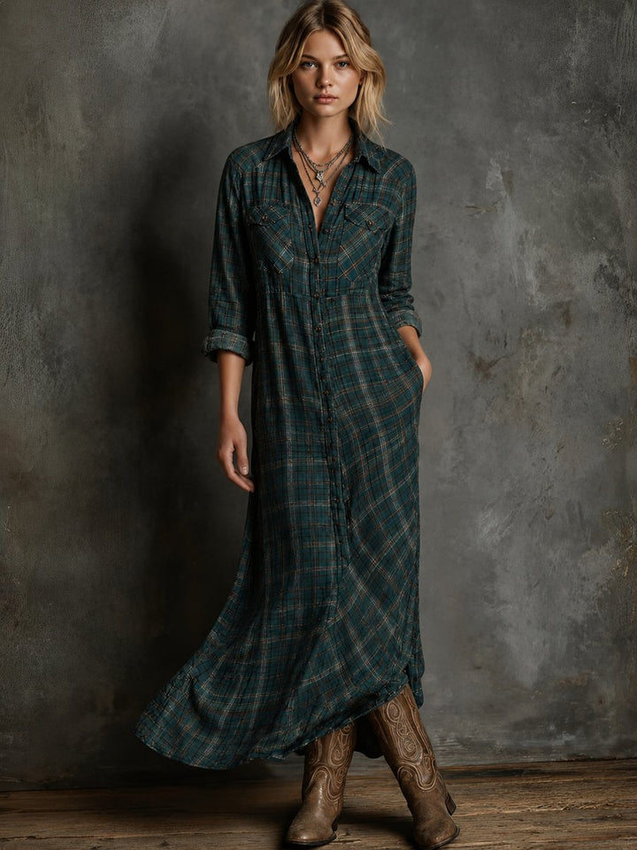 Women's Plaid Flannel Maxi Shirtdress Formal Dresses Long Sleeve - Green