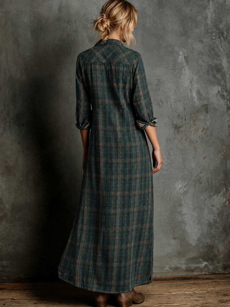 Women's Plaid Flannel Maxi Shirtdress Formal Dresses Long Sleeve