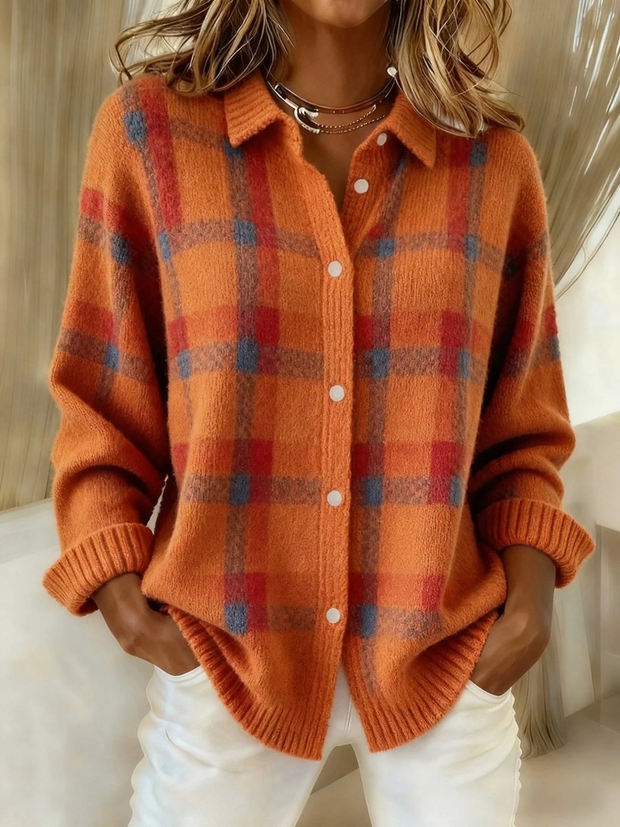 Women's Plaid Knit Button-Up Oversized Jacket Sweater - Orange