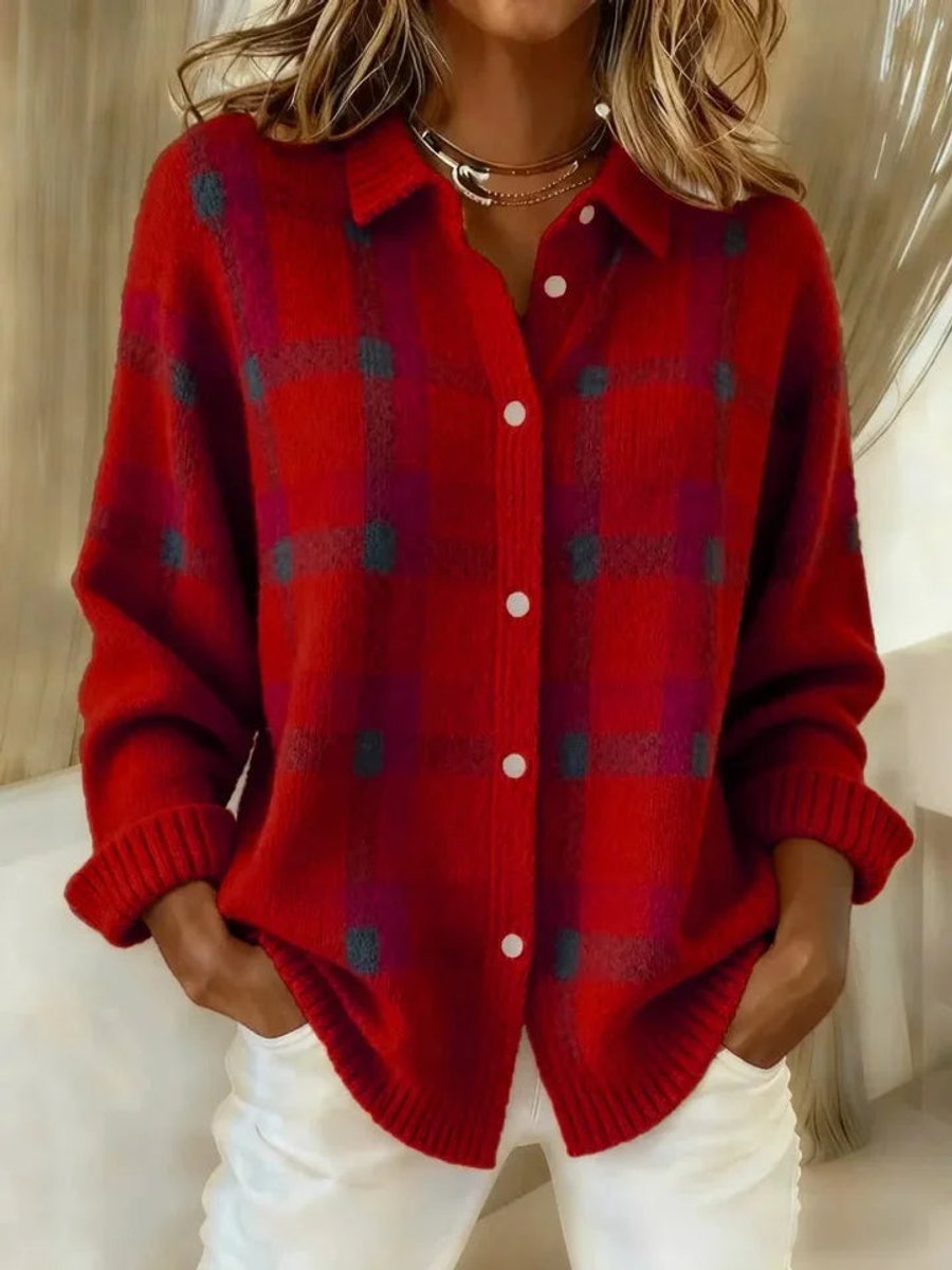 Women's Plaid Knit Button-Up Oversized Jacket Sweater - Red