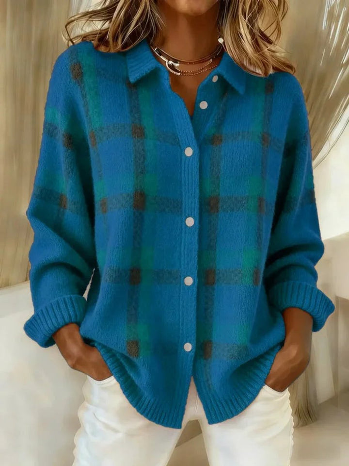 Women's Plaid Knit Button-Up Oversized Jacket Sweater - Blue