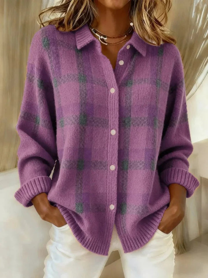 Women's Plaid Knit Button-Up Oversized Jacket Sweater - Purple