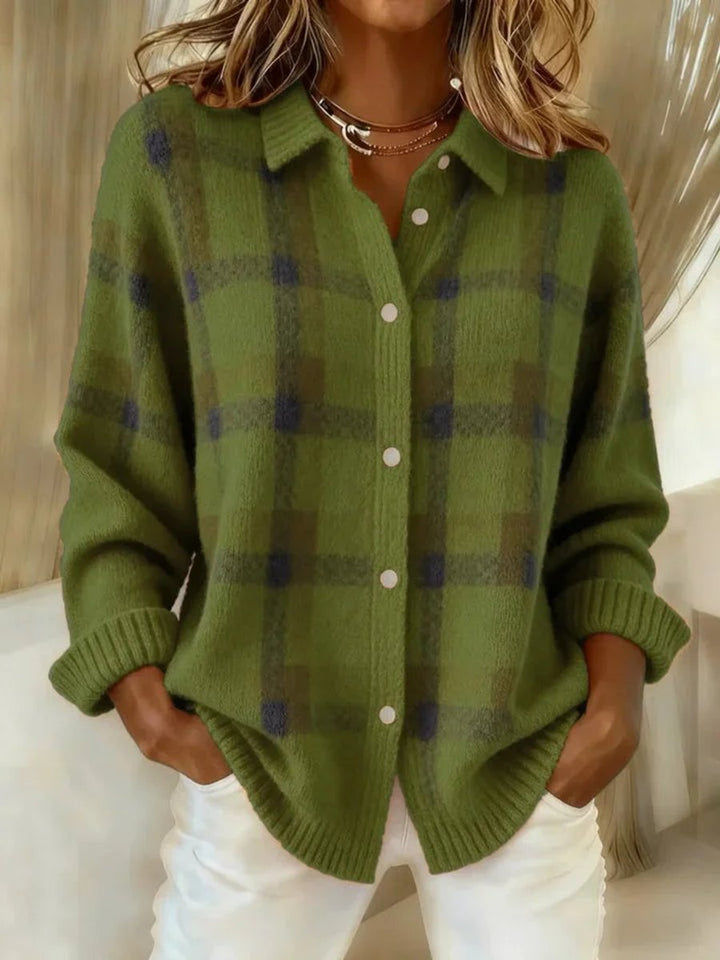 Women's Plaid Knit Button-Up Oversized Jacket Sweater - Green