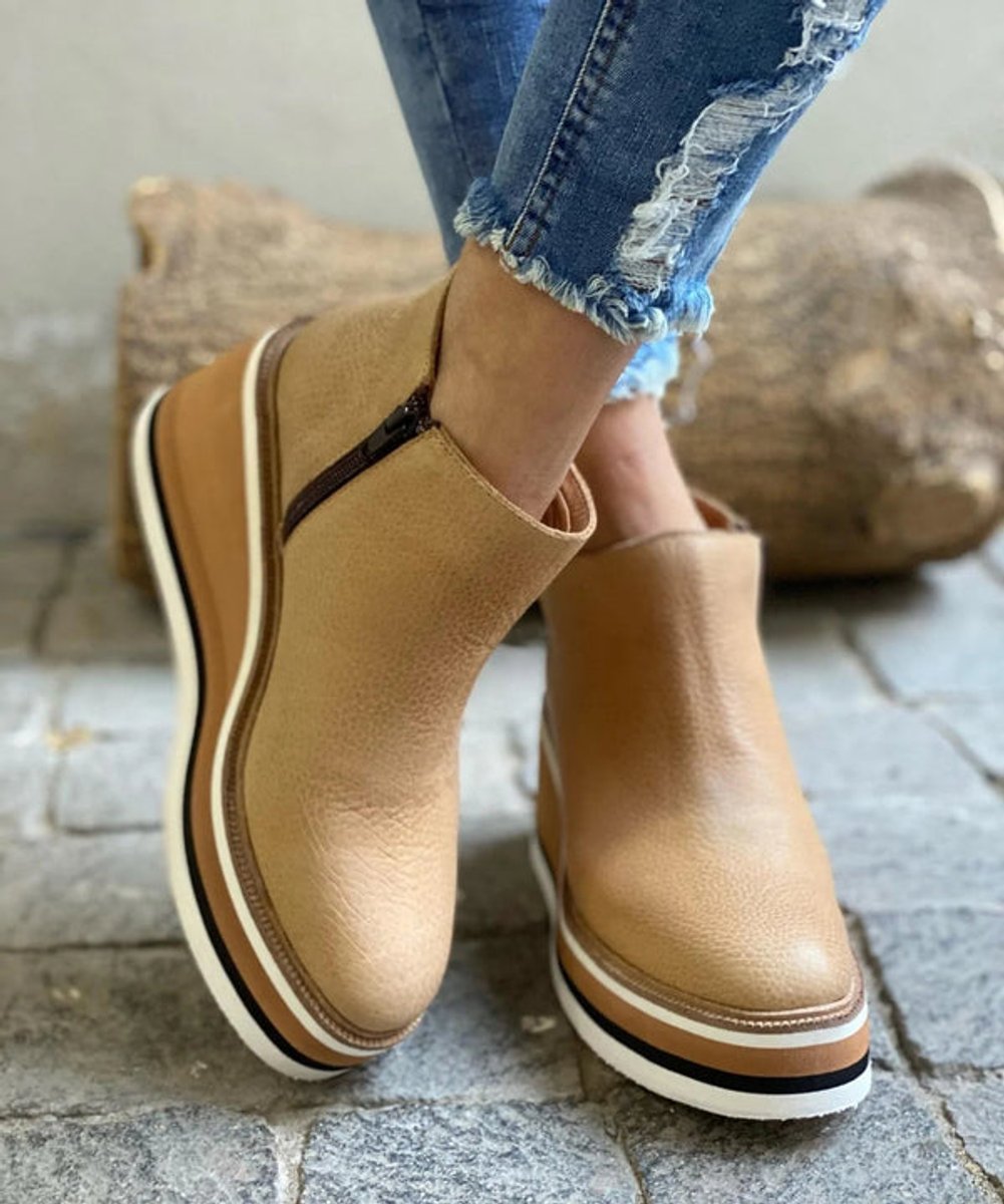 Women's Platform Wedge Zip-Up Ankle Boots - Khaki