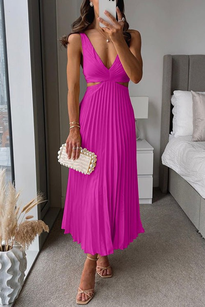 Women's Pleated Cutout V-Neck Mother of the Bride Maxi Dress - Pink