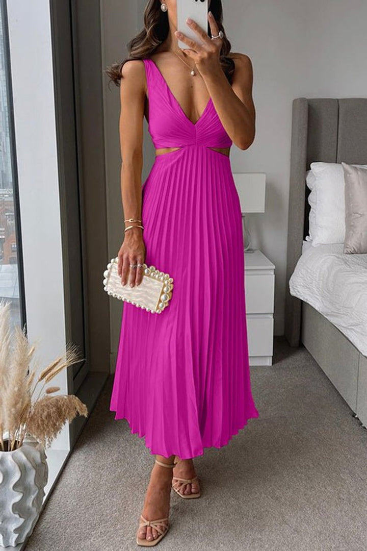 Women's Pleated Cutout V-Neck Mother of the Bride Maxi Dress - Pink