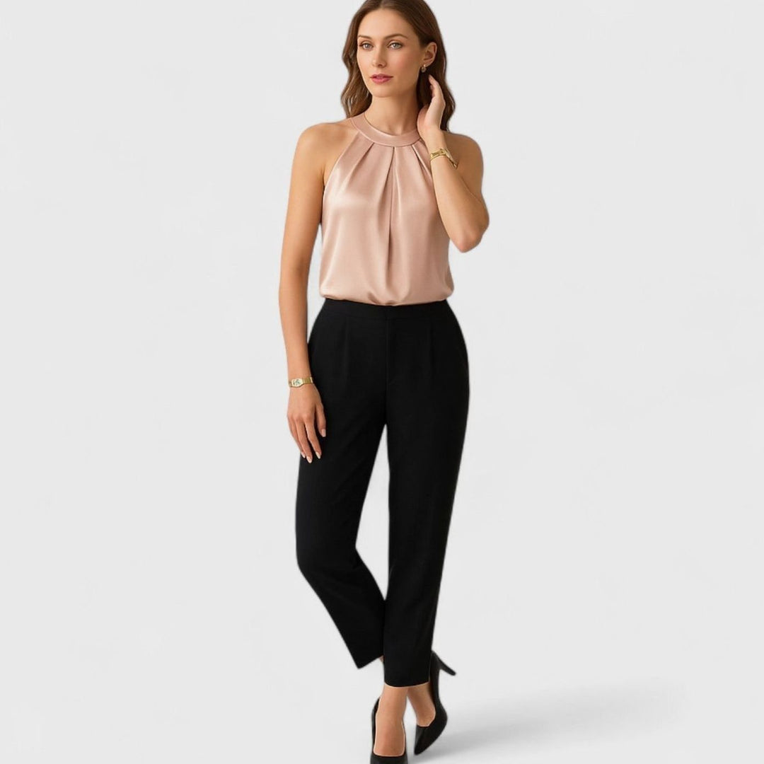 Women's Pleated-Front Draped Halter Satin Tank Top