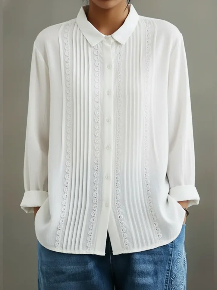 Women's Pleated Lace-Trim Button-Up Long-Sleeve Blouse