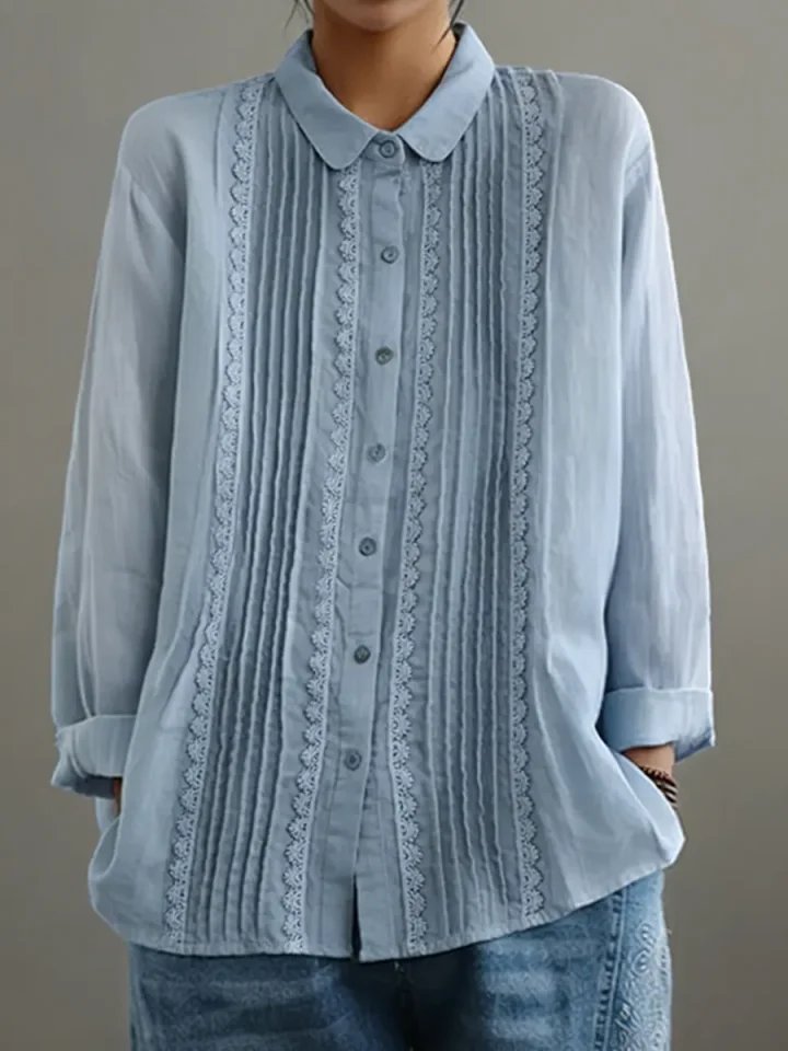 Women's Pleated Lace-Trim Button-Up Long-Sleeve Blouse - Light Blue