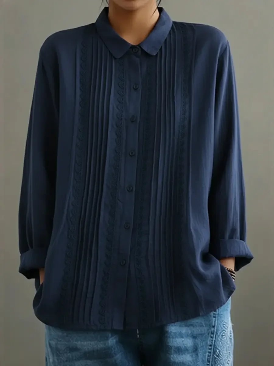 Women's Pleated Lace-Trim Button-Up Long-Sleeve Blouse - Blue