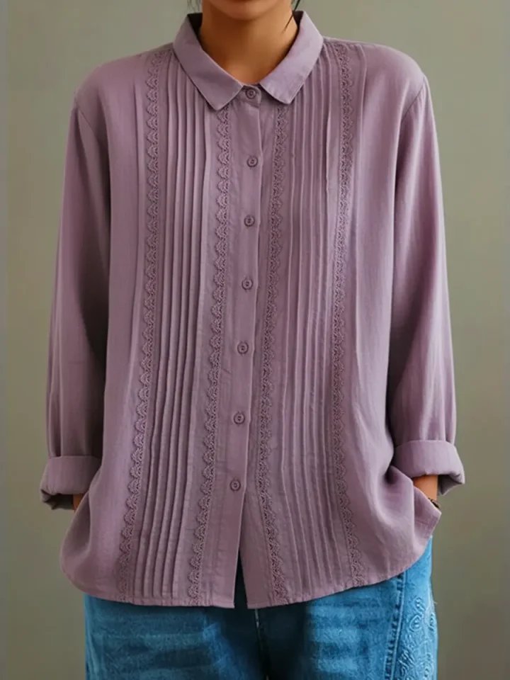 Women's Pleated Lace-Trim Button-Up Long-Sleeve Blouse - Purple