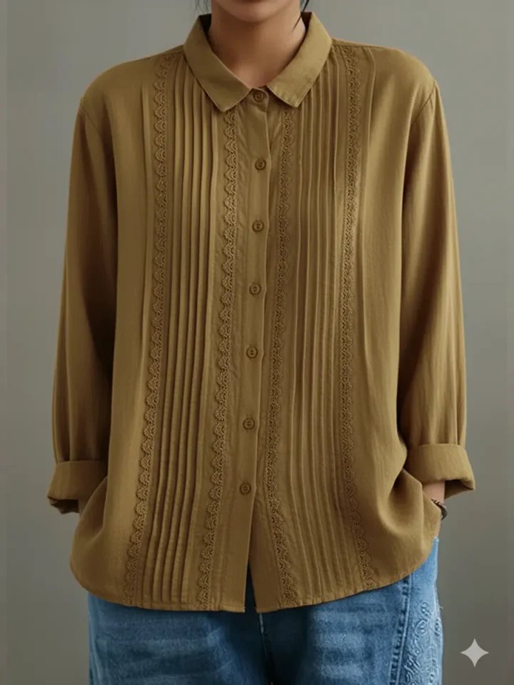 Women's Pleated Lace-Trim Button-Up Long-Sleeve Blouse - Beige