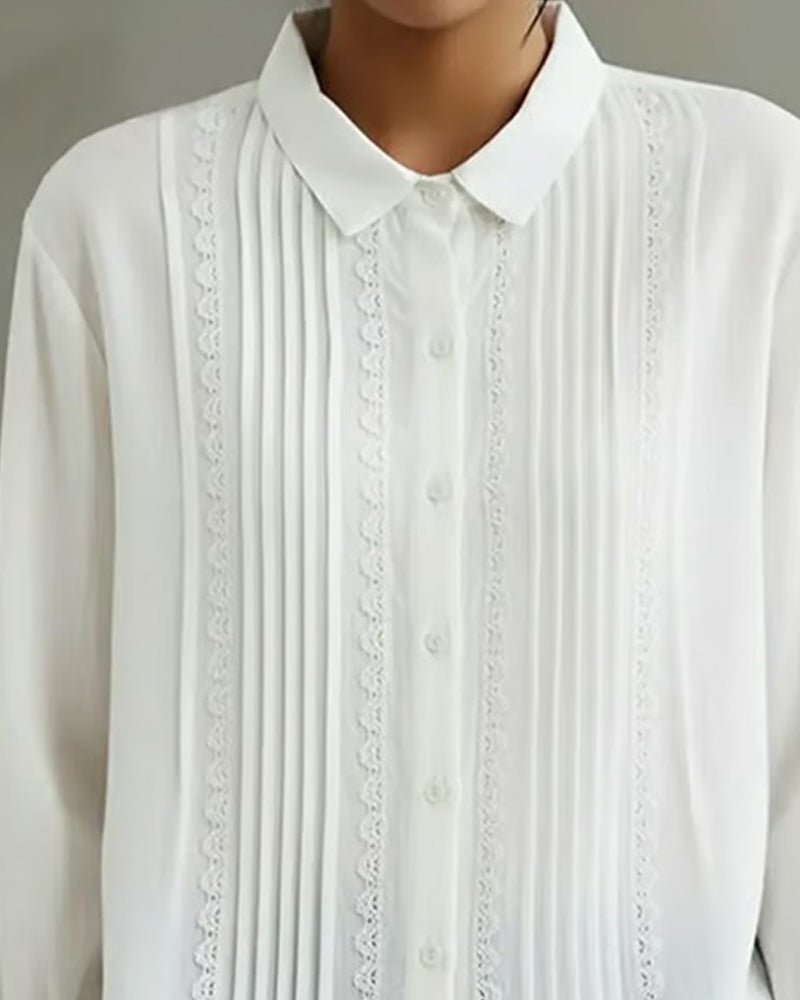 Women's Pleated Lace-Trim Button-Up Long-Sleeve Blouse