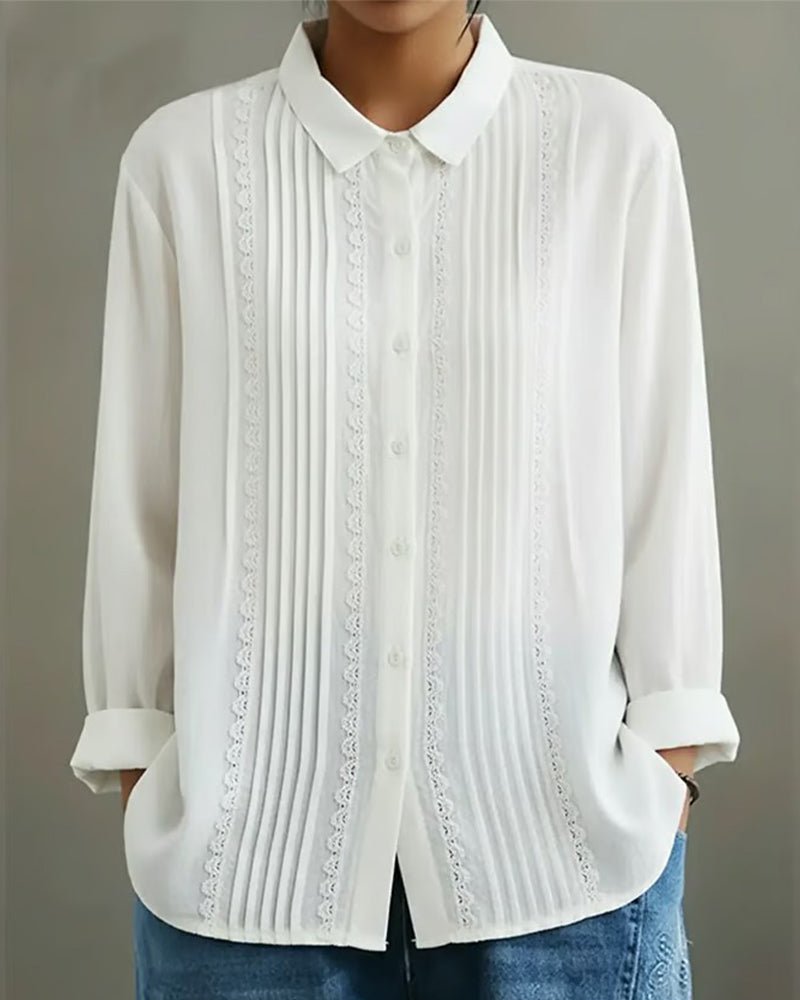 Women's Pleated Lace-Trim Button-Up Long-Sleeve Blouse - White