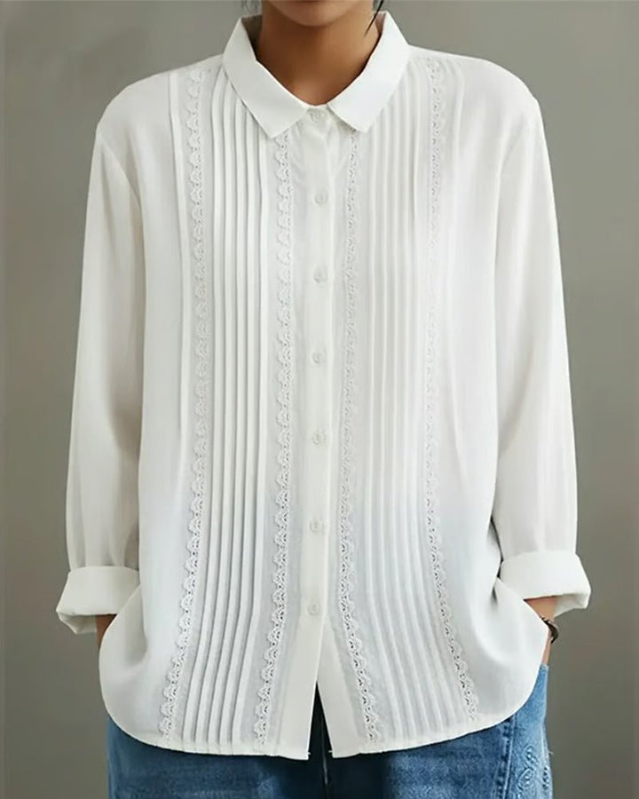 Women's Pleated Lace-Trim Button-Up Long-Sleeve Blouse - White