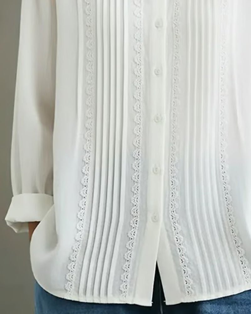 Women's Pleated Lace-Trim Button-Up Long-Sleeve Blouse