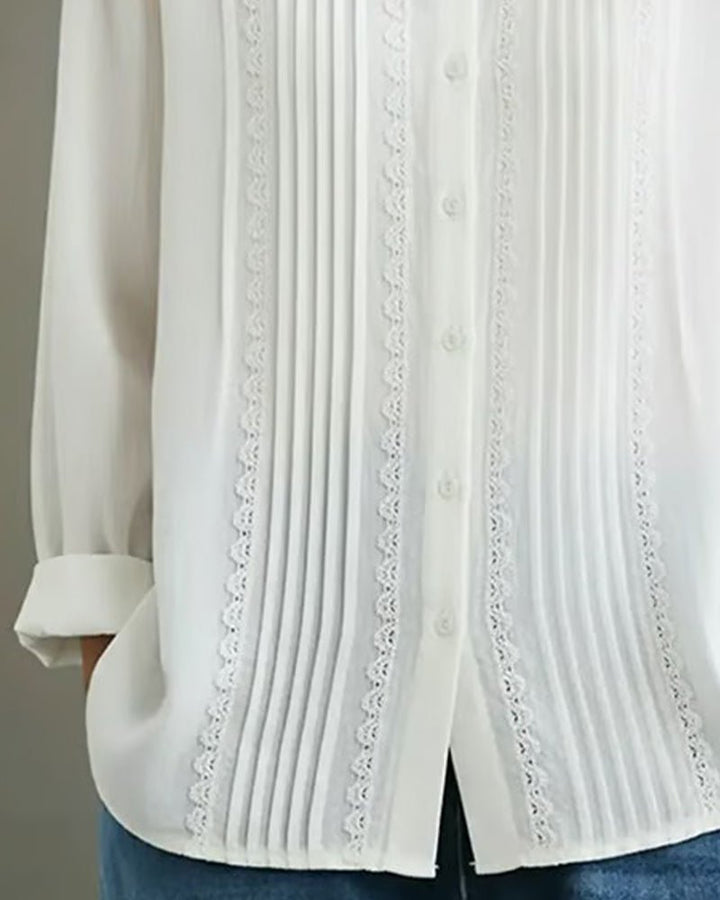 Women's Pleated Lace-Trim Button-Up Long-Sleeve Blouse