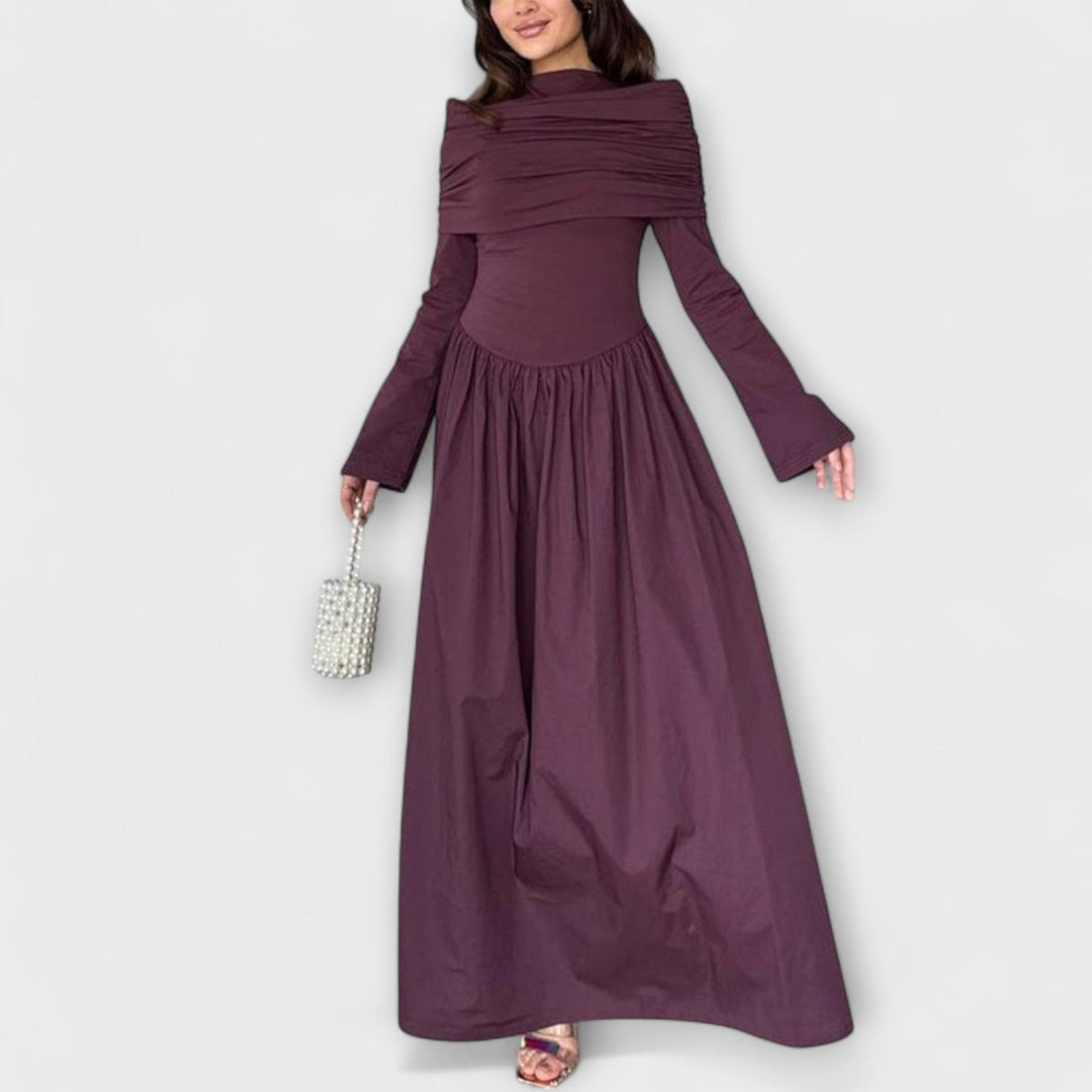 Women's Pleated Long-Sleeve Flared Cuff Relaxed Fit Maxi Dress - Burgundy