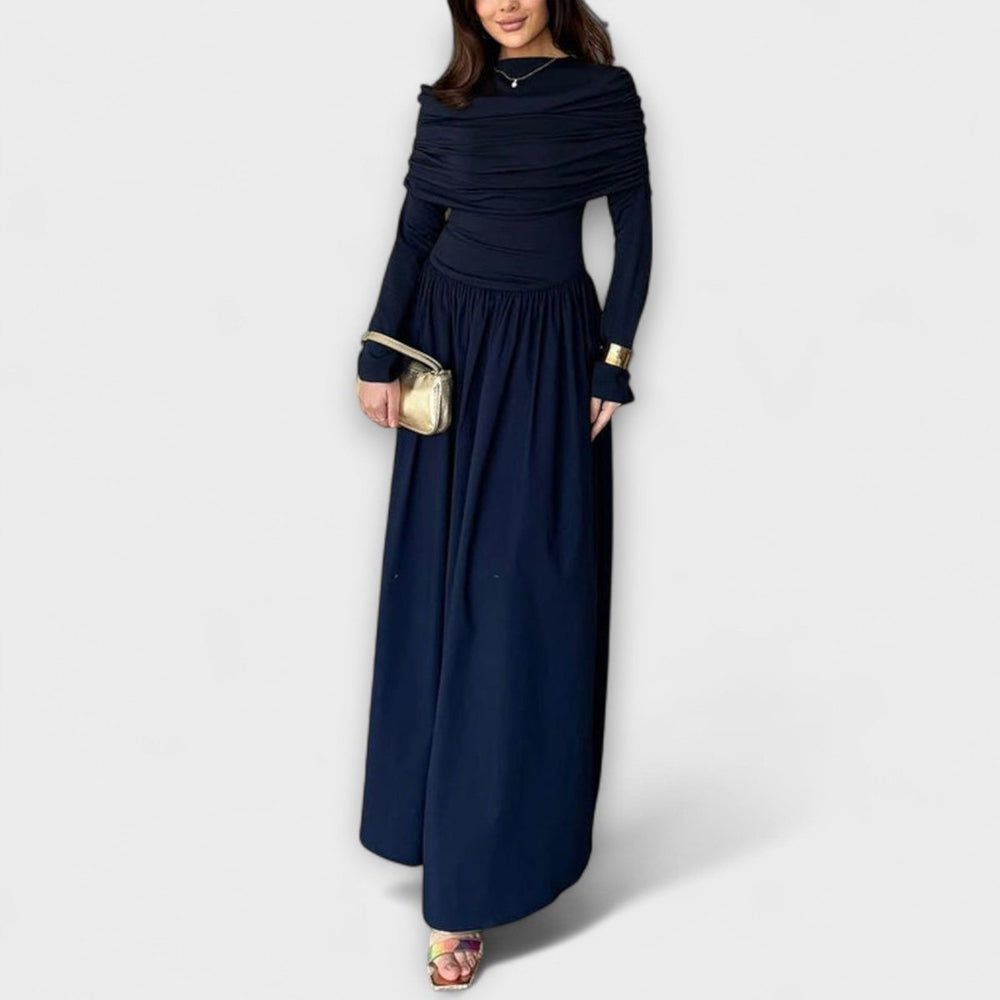 Women's Pleated Long-Sleeve Flared Cuff Relaxed Fit Maxi Dress - Navy Blue