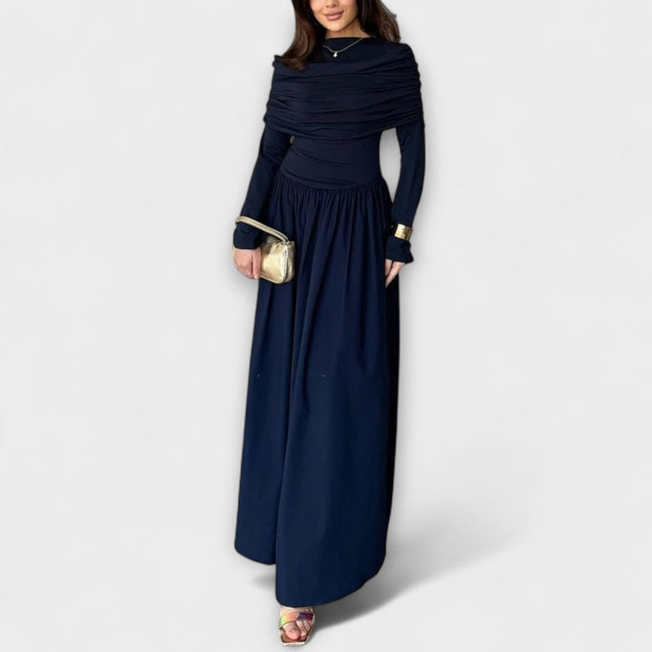 Women's Pleated Long-Sleeve Flared Cuff Relaxed Fit Maxi Dress - Navy Blue