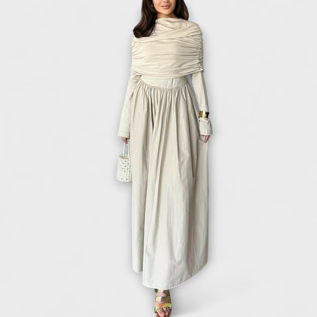 Women's Pleated Long-Sleeve Flared Cuff Relaxed Fit Maxi Dress - White