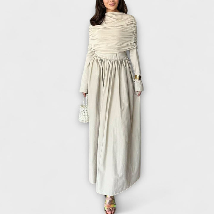 Women's Pleated Long-Sleeve Flared Cuff Relaxed Fit Maxi Dress - White