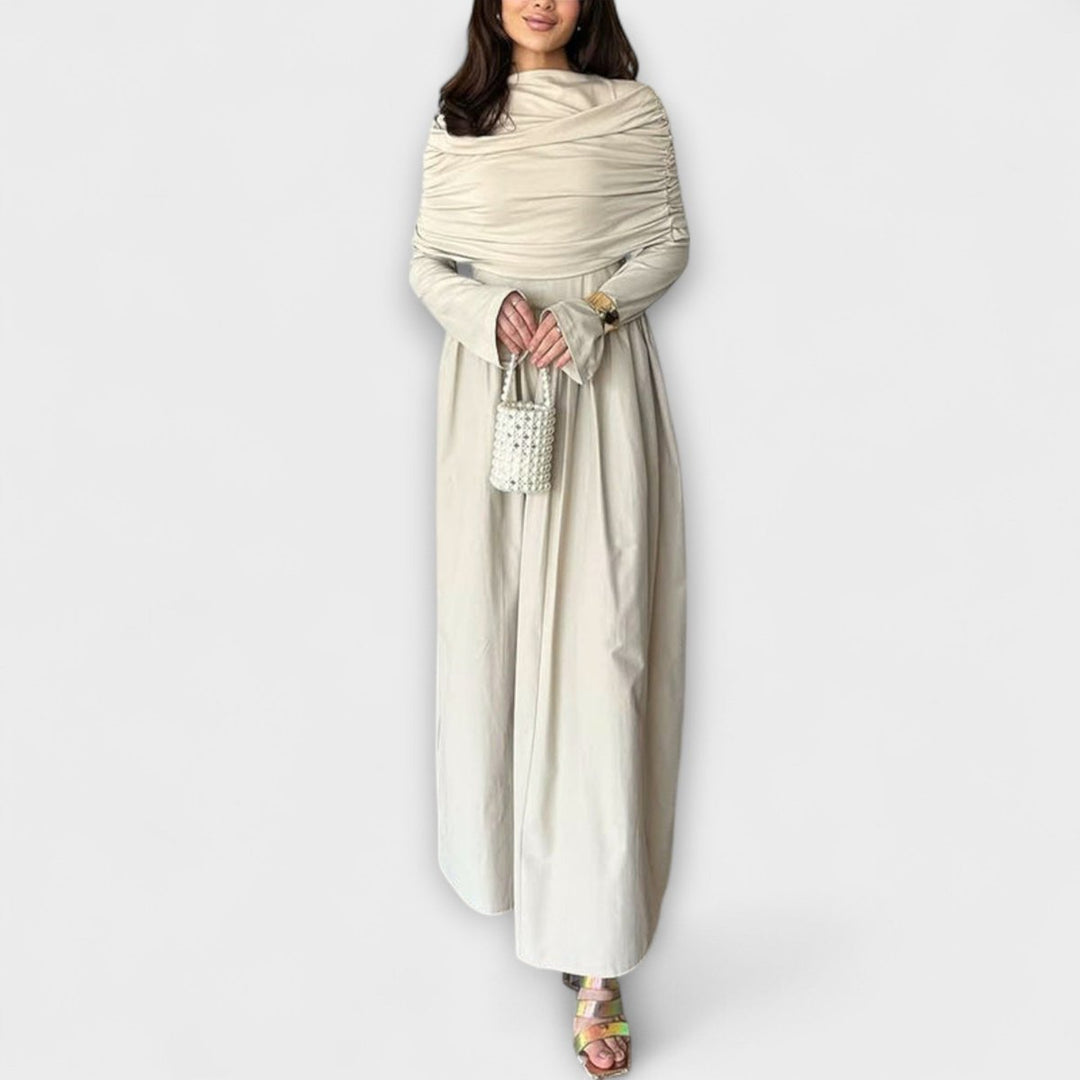 Women's Pleated Long-Sleeve Flared Cuff Relaxed Fit Maxi Dress