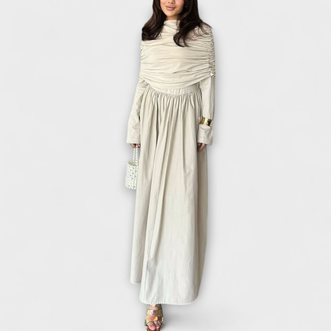 Women's Pleated Long-Sleeve Flared Cuff Relaxed Fit Maxi Dress