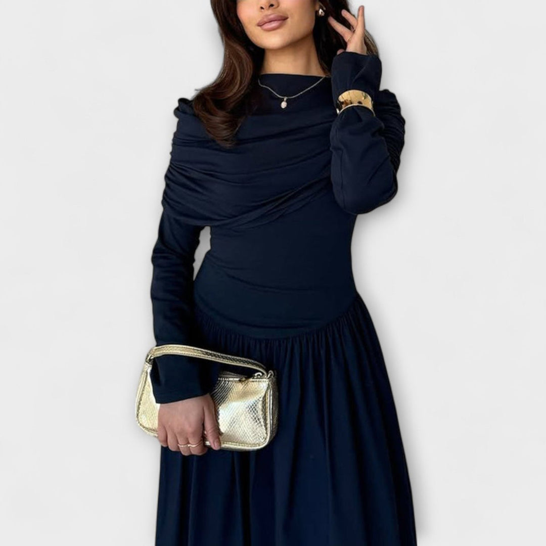 Women's Pleated Long-Sleeve Flared Cuff Relaxed Fit Maxi Dress