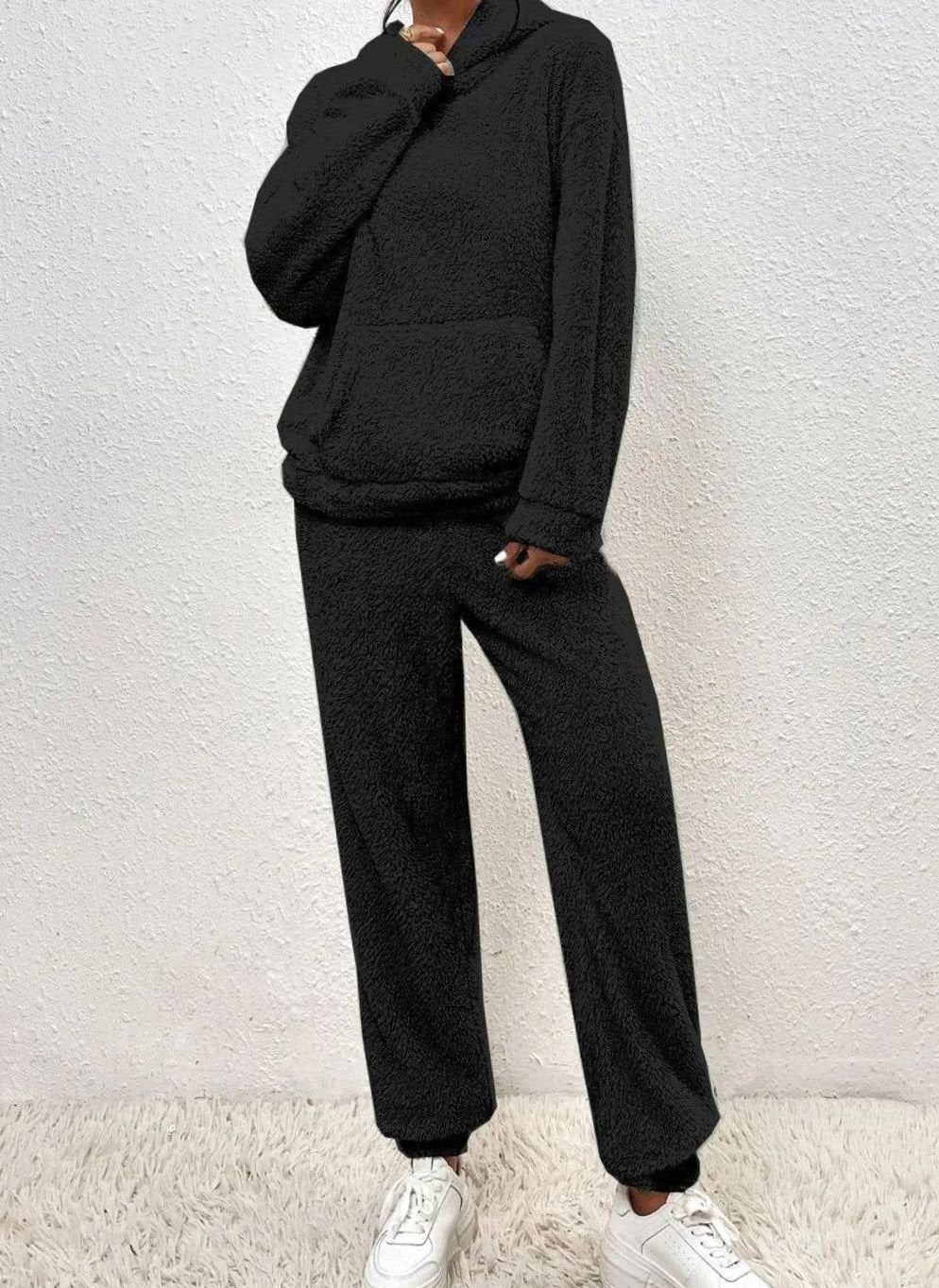 Women's Plush Fleece Hoodie Two-Piece Set Straight-Leg Lounge Tracksuit