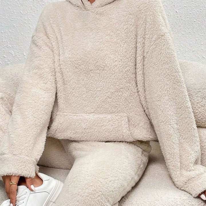 Women's Plush Fleece Hoodie Two-Piece Set Straight-Leg Lounge Tracksuit - Beige