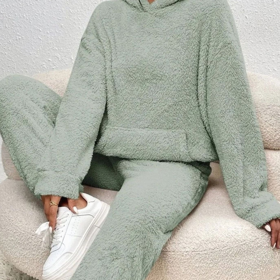 Women's Plush Fleece Hoodie Two-Piece Set Straight-Leg Lounge Tracksuit - Green