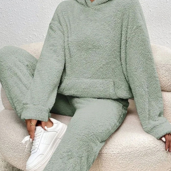 Women's Plush Fleece Hoodie Two-Piece Set Straight-Leg Lounge Tracksuit - Green