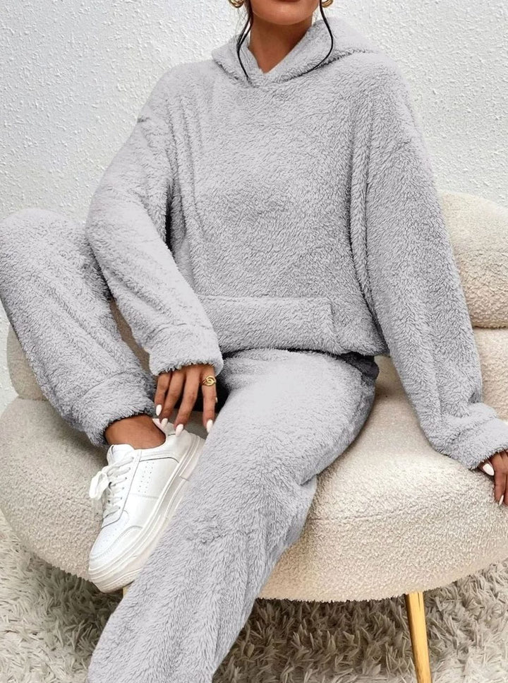 Women's Plush Fleece Hoodie Two-Piece Set Straight-Leg Lounge Tracksuit - Grey