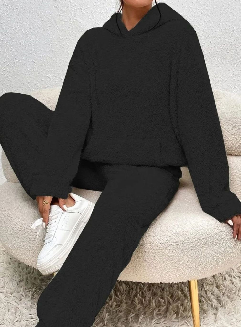 Women's Plush Fleece Hoodie Two-Piece Set Straight-Leg Lounge Tracksuit - Black