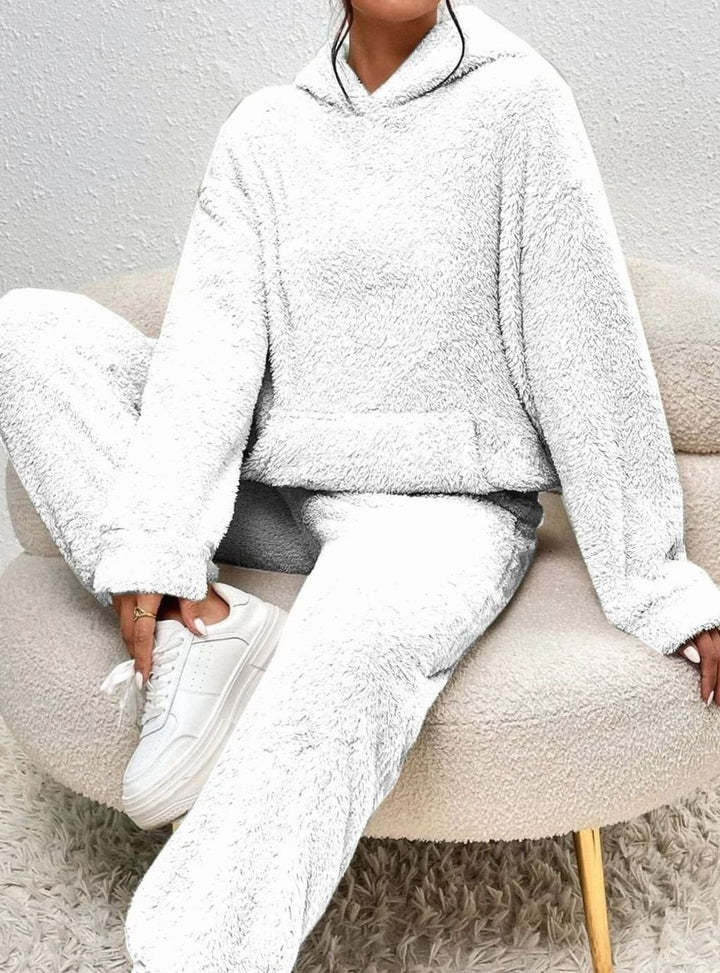 Women's Plush Fleece Hoodie Two-Piece Set Straight-Leg Lounge Tracksuit - White